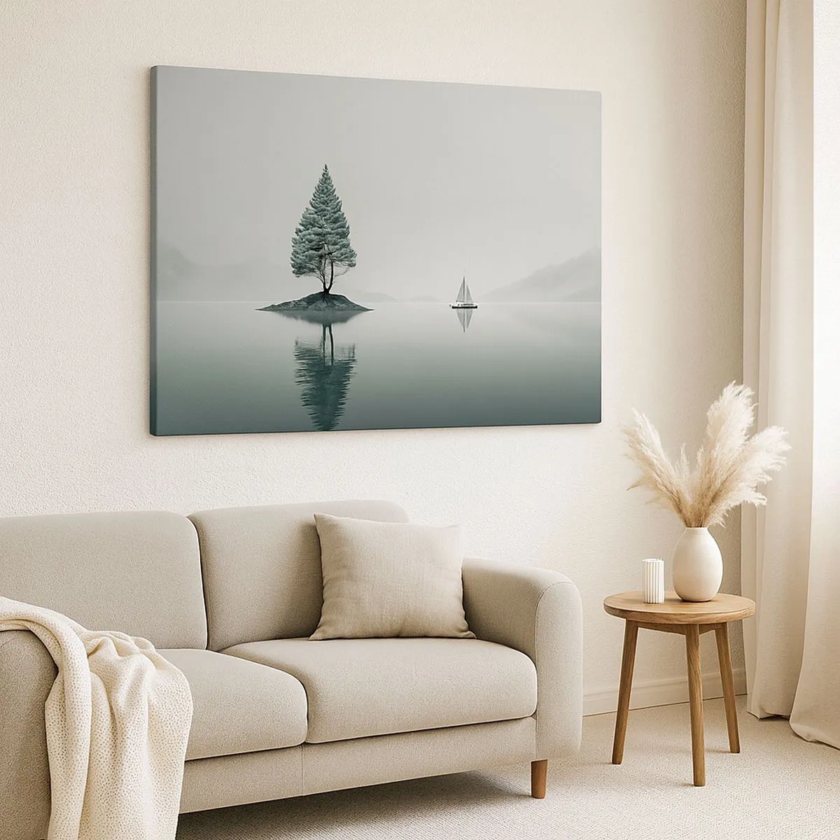 Tablou pe pânză Canvas - Un peisaj minimalist cu un copac pe o insulă și o barcă cu pânze. - 70x50cm - Visând cu ochii deschiși - Decorațiune modernă pentru perete pentru living și dormitor ARTTOR