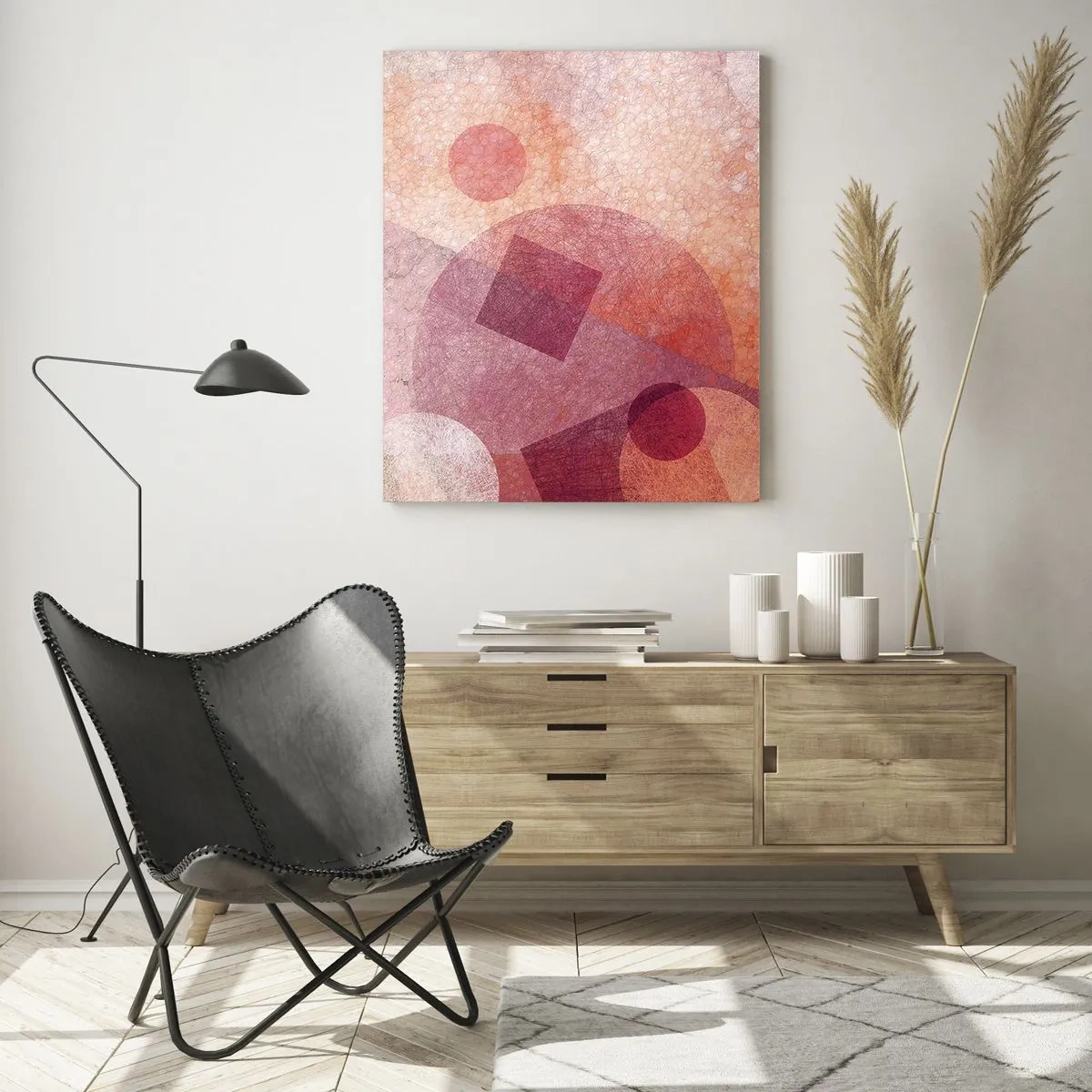 Tablou pe sticlă - Transformări geometrice în roz - 50x70 cm