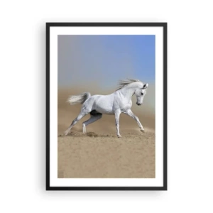 Poster în ramă neagră - Un cal alb galopând pe un fundal deșertic - 50x70cm - Cea mai frumoasă poveste arabă - Decorațiune modernă pentru perete pentru living și dormitor ARTTOR