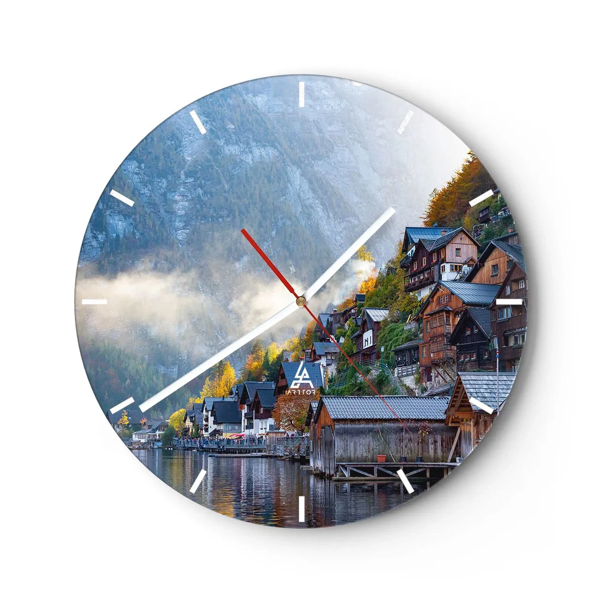 Ceas de perete - Ceas pe sticlă - Un sat de munte lângă un lac în lumina dimineții - 30x30cm - Atmosferă alpină - Decorațiune modernă pentru perete pentru living, bucătărie și dormitor ARTTOR