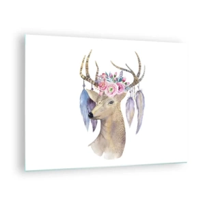 Tablou pe sticlă - Cerb cu o coroană de flori și pene - 70x50cm - Ghidul sufletului - blând, inocent - Decorațiune modernă pentru perete pentru living și dormitor ARTTOR