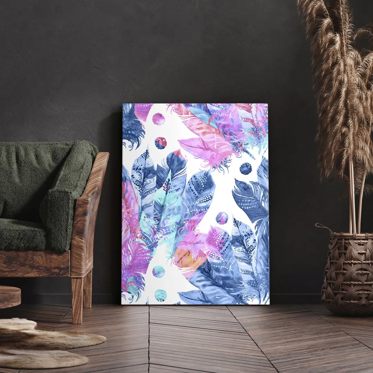 Tablou pe pânză - Pene în alb și albastru - 50x70 cm