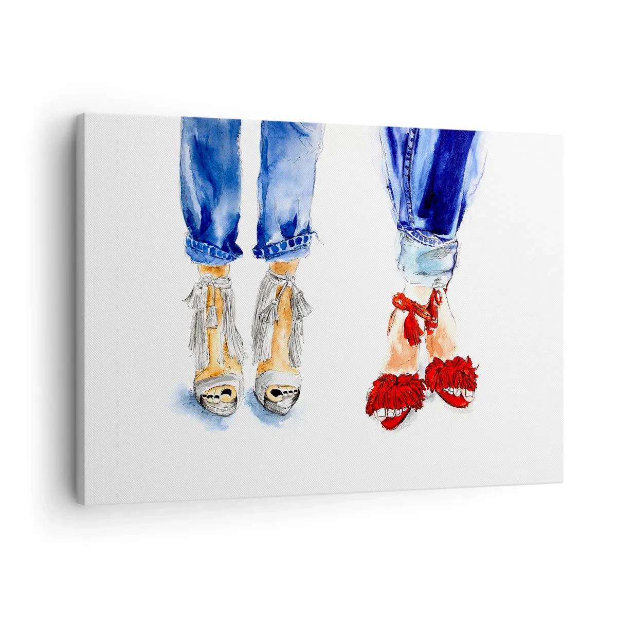Tablou pe pânză Canvas - Ilustrație a două perechi de pantofi în sandale elegante și blugi - 70x50cm - De ce nu mergem la o plimbare? - Decorațiune modernă pentru perete pentru living și dormitor ARTTOR