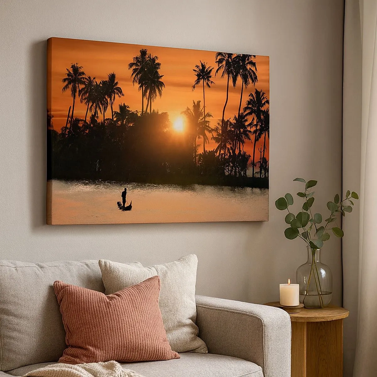 Tablou pe pânză Canvas - Apus de soare peste palmieri și un lac liniștit cu o barcă - 70x50cm - Timp de relaxare - Decorațiune modernă pentru perete pentru living și dormitor ARTTOR