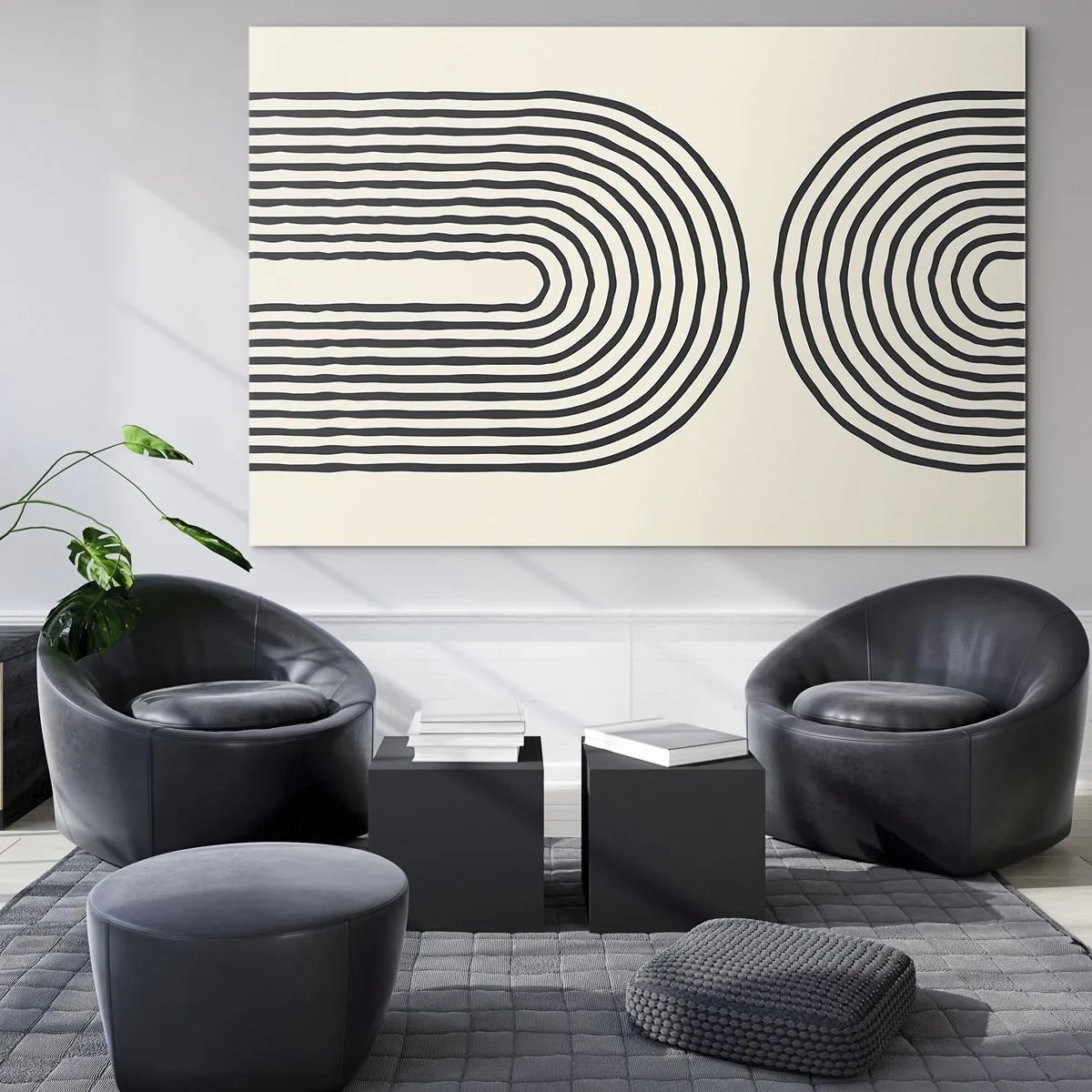 Tablou pe sticlă - pictură abstractă în alb și negru care înfățișează linii în formă de arc. - 70x50cm - În curând... - Decorațiune modernă pentru perete pentru living și dormitor ARTTOR