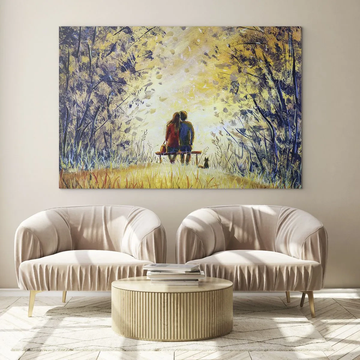 Tablou pe sticlă - Un cuplu pe o bancă într-un moment magic - 70x50cm - Un moment magic - Decorațiune modernă pentru perete pentru living și dormitor ARTTOR