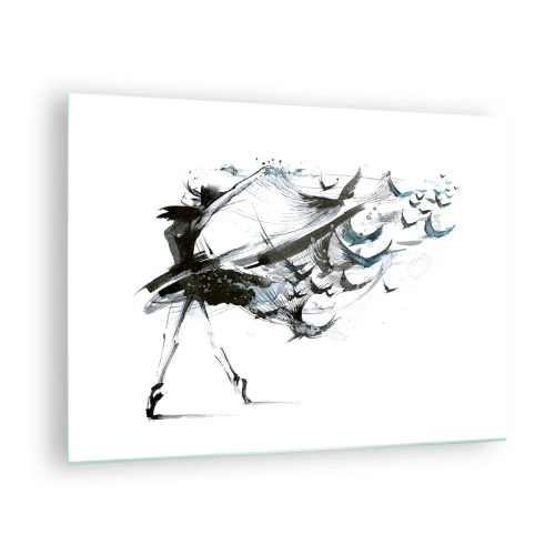Tablou pe sticlă - Dansator în mișcare cu păsări plutitoare - 70x50cm - Magia muzicii te eliberează - Decorațiune modernă pentru perete pentru living și dormitor ARTTOR