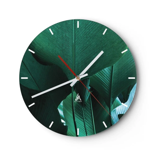 Ceas de perete - Ceas pe sticlă - Prim-plan al frunzelor verzi ale plantelor tropicale - 30x30cm - Cu frunza la lumină - Decorațiune modernă pentru perete pentru living, bucătărie și dormitor ARTTOR