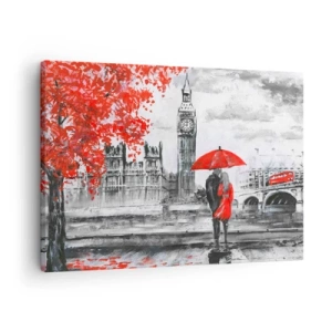 Tablou pe pânză Canvas - Scenă romantică cu Big Ben și o umbrelă roșie - 70x50cm - Îndrăgostit de Londra - Decorațiune modernă pentru perete pentru living și dormitor ARTTOR