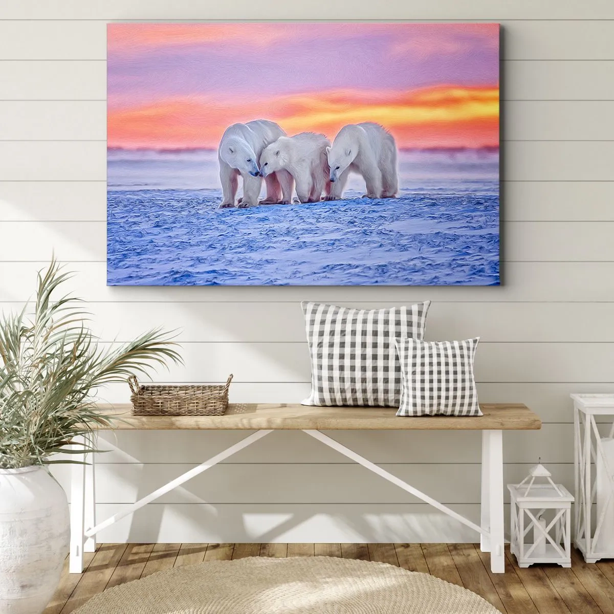 Tablou pe pânză Canvas - Trei urși polari pe fundalul unui apus de soare arctic - 70x50cm - Căldura familiei este suficientă - Decorațiune modernă pentru perete pentru living și dormitor ARTTOR