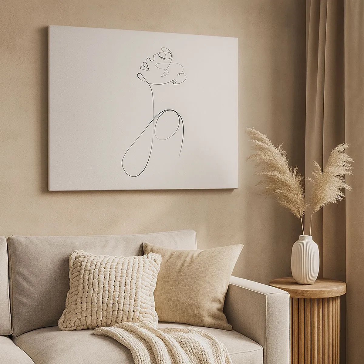 Tablou pe pânză Canvas - Schiță de față minimalistă în linii pe fundal alb - 70x50cm - Încâlcită în vise - Decorațiune modernă pentru perete pentru living și dormitor ARTTOR