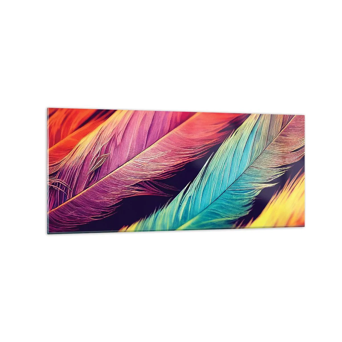 Tablou pe sticlă - Curcubeu cu pene - 120x50 cm