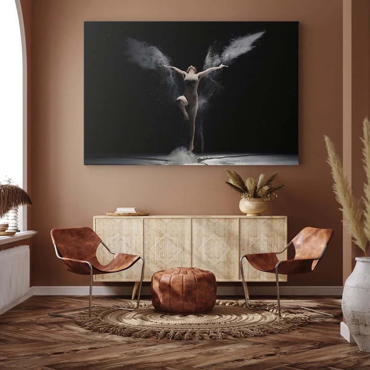 Tablou pe pânză Canvas - O dansatoare în mișcare cu un efect de praf izbitor pe un fundal negru - 70x50cm - Elfii există - Decorațiune modernă pentru perete pentru living și dormitor ARTTOR