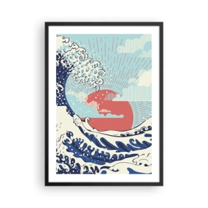 Poster în ramă neagră - Val grafic de inspirație japoneză cu un soare roșu - 50x70cm - Din inspirații japoneze - Decorațiune modernă pentru perete pentru living și dormitor ARTTOR