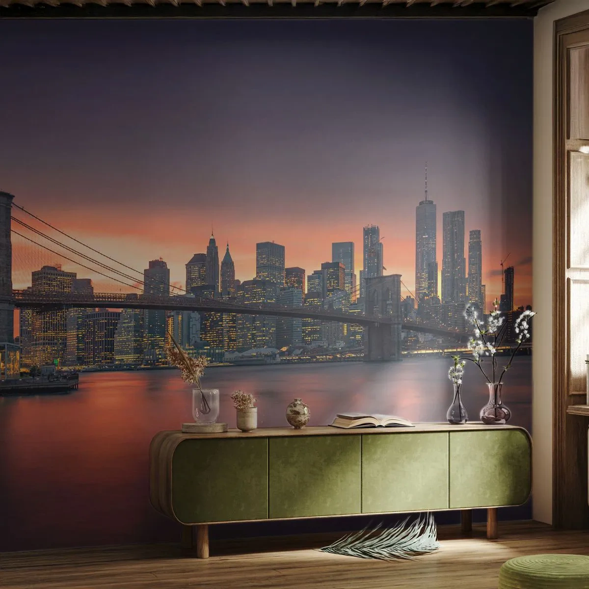 Tapet Standard Eco - Scufundate în tăcerea liliachie - New York, Oraș, Podul Brooklyn - 400x280 cm