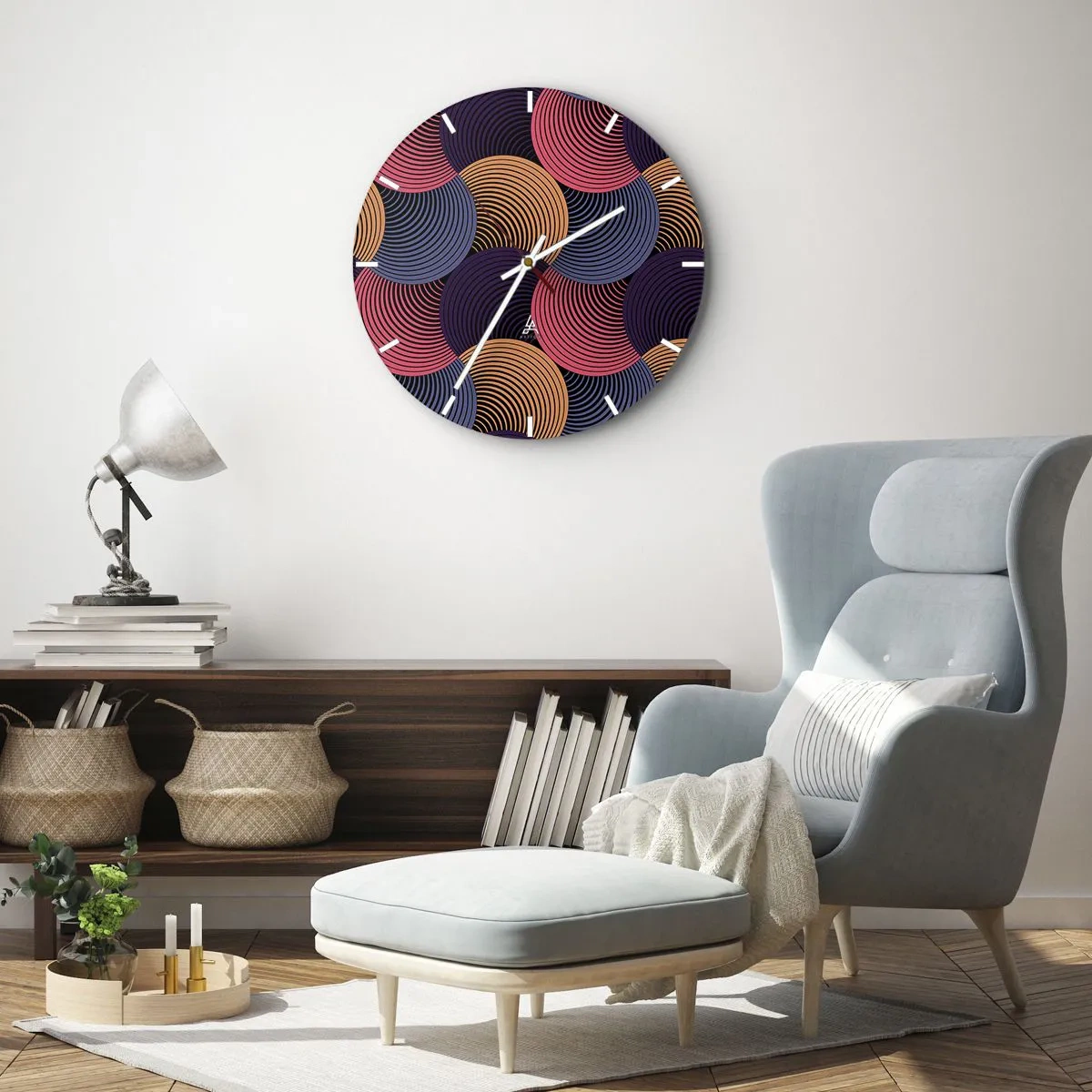 Ceas de perete - Ceas pe sticlă - Cercuri concentrice colorate într-un aranjament dinamic - 30x30cm - Într-un ritm de cerc - Decorațiune modernă pentru perete pentru living, bucătărie și dormitor ARTTOR