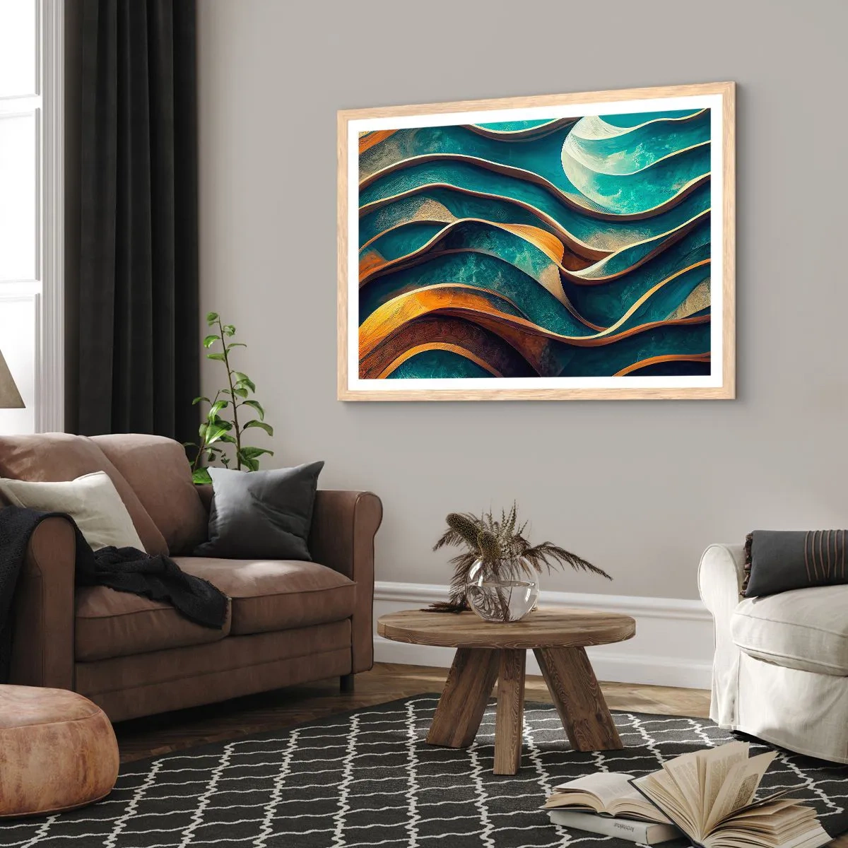 Poster în ramă de stejar deschis - Meandre de albastru - 91x61 cm