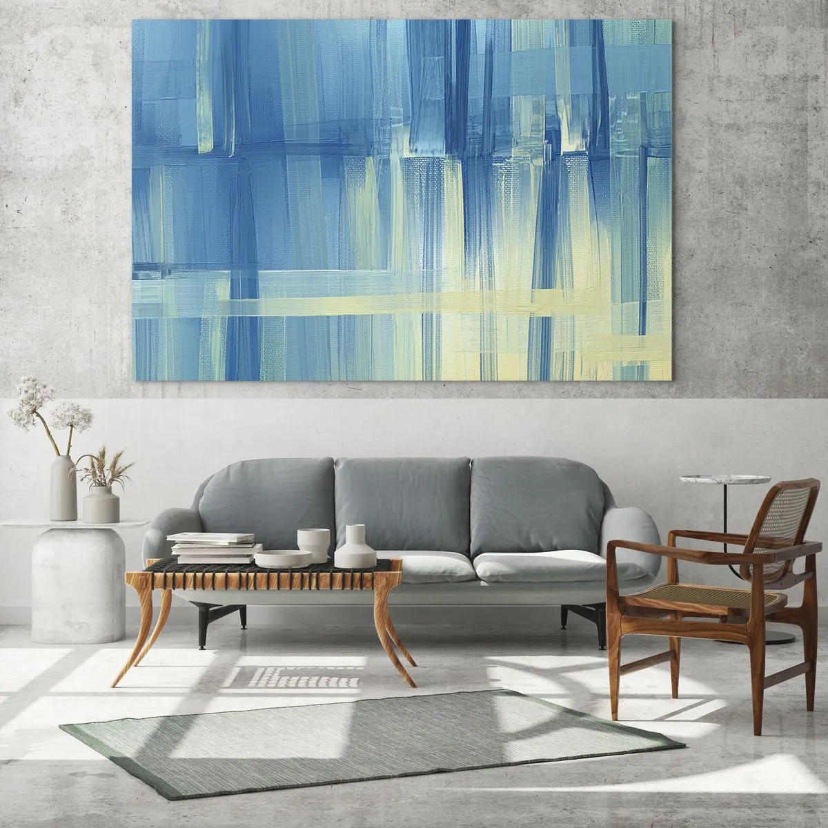 Tablou pe sticlă - Pensule abstracte în turcoaz și galben - 70x50cm - Compoziție în turcoaz - Decorațiune modernă pentru perete pentru living și dormitor ARTTOR