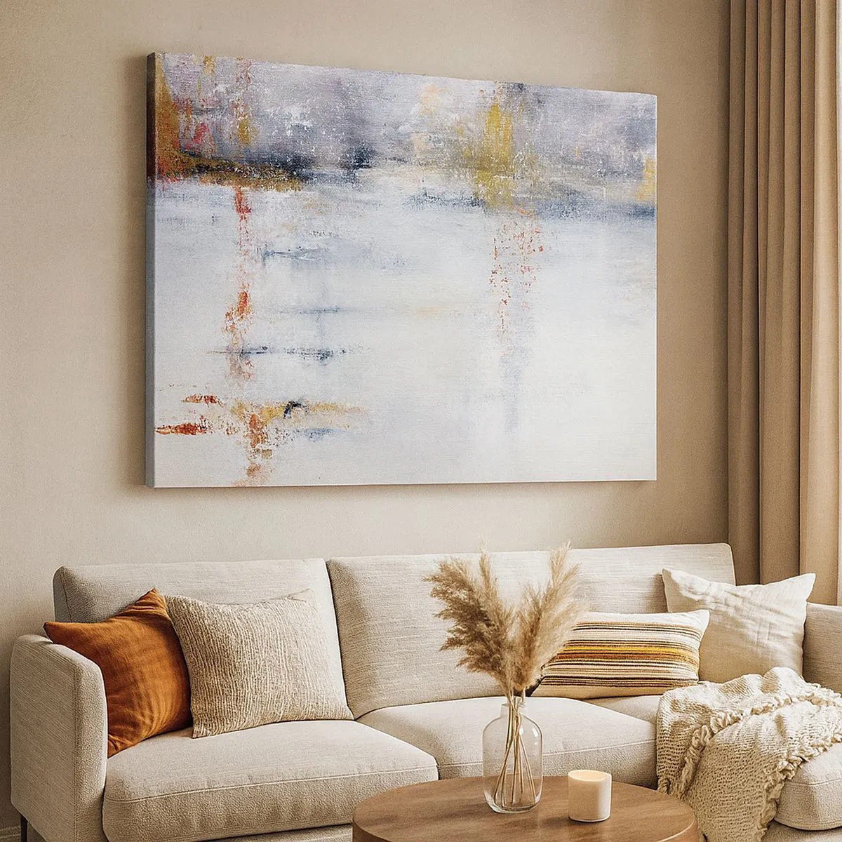 Tablou pe pânză Canvas - Un peisaj abstract cu accente estompate de gri și auriu. - 70x50cm - În spatele cortinei de aer - Decorațiune modernă pentru perete pentru living și dormitor ARTTOR