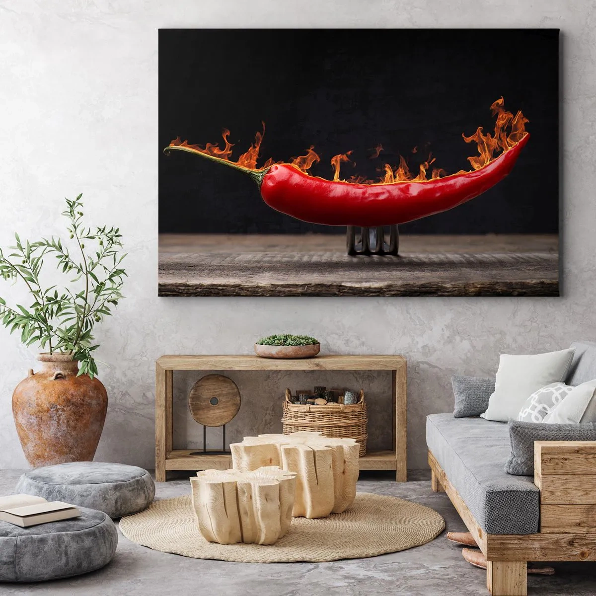 Tablou pe pânză Canvas - Ardei roșu aprins pe o furculiță - 70x50cm - O gustare înflăcărată - Decorațiune modernă pentru perete pentru living și dormitor ARTTOR