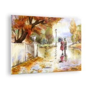Tablou pe sticlă - Plimbarea de toamnă a unui cuplu printr-un parc cu frunze colorate - 70x50cm - Toamnă romantică în parc - Decorațiune modernă pentru perete pentru living și dormitor ARTTOR