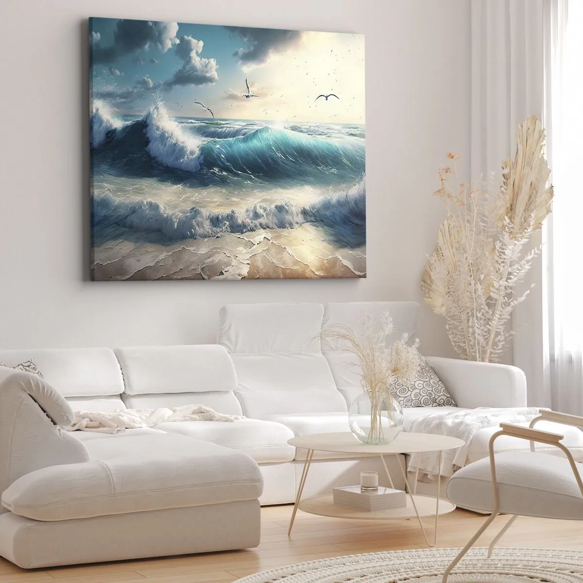Tablou pe pânză Canvas - Valuri ale mării pe plajă sub un cer albastru cu pescăruși - 70x50cm - Sunetul valurilor doar pentru tine - Decorațiune modernă pentru perete pentru living și dormitor ARTTOR