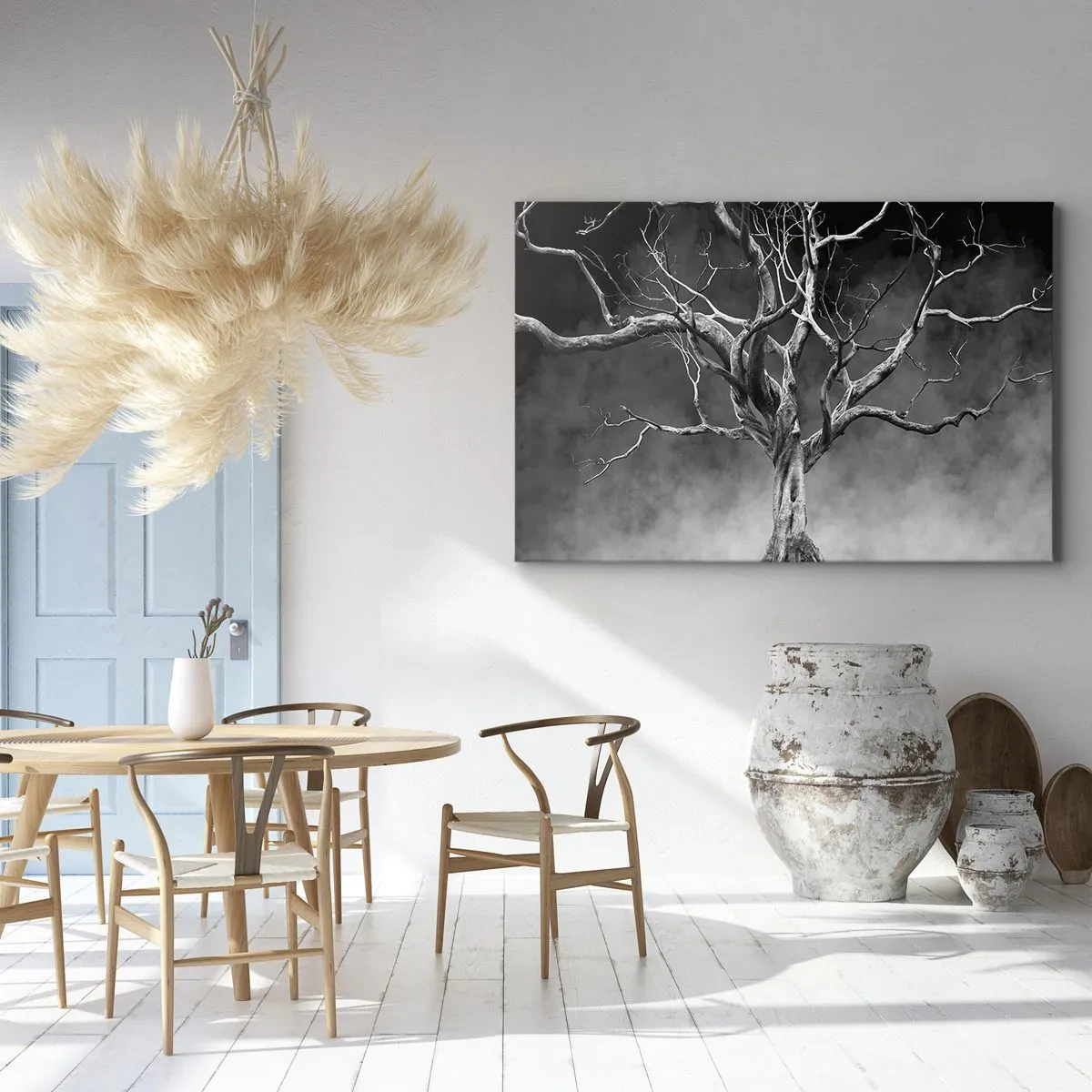 Tablou pe pânză Canvas - Un copac uscat în alb și negru pe fundalul ceții - 70x50cm - Primare și sacre - Decorațiune modernă pentru perete pentru living și dormitor ARTTOR