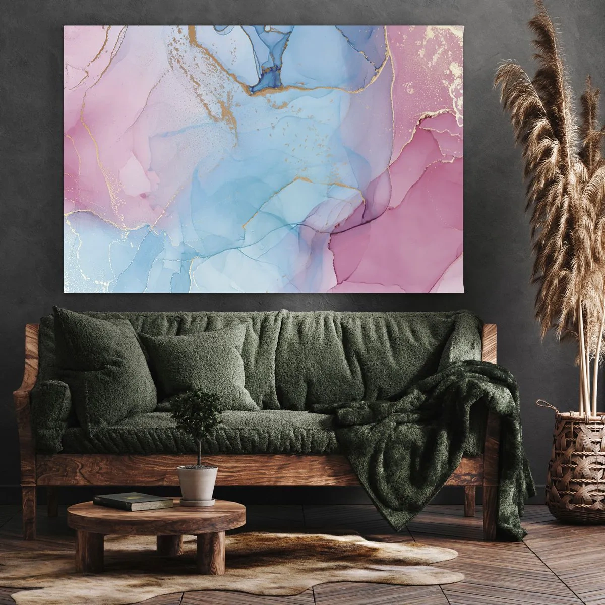 Tablou pe pânză Canvas - Modele pastelate abstracte cu accente aurii - 70x50cm - Întâlnire și întrepătrundere - Decorațiune modernă pentru perete pentru living și dormitor ARTTOR