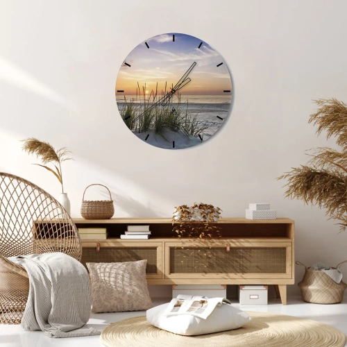 Ceas de perete - Ceas pe sticlă - Peisaj frumos de plajă la apus, cu ierburi în fundal - 30x30cm - Privește, gândește, simte - Decorațiune modernă pentru perete pentru living, bucătărie și dormitor ARTTOR