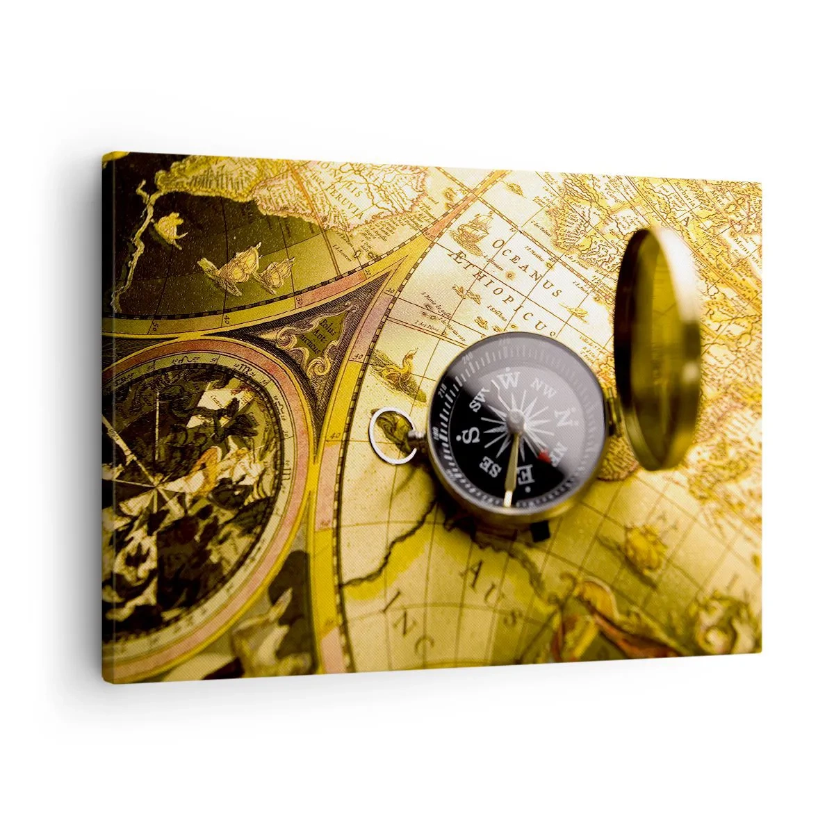 Tablou pe pânză Canvas - O busolă antică pe fundalul unei hărți vechi a lumii - 70x50cm - Sau poate până la capătul lumii? - Decorațiune modernă pentru perete pentru living și dormitor ARTTOR