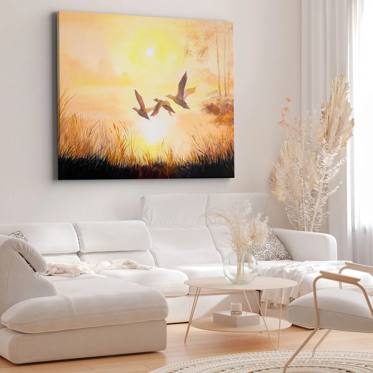 Tablou pe pânză Canvas - Rațe zburând la răsăritul soarelui peste lac - 70x50cm - Începutul unei lungi călătorii - Decorațiune modernă pentru perete pentru living și dormitor ARTTOR