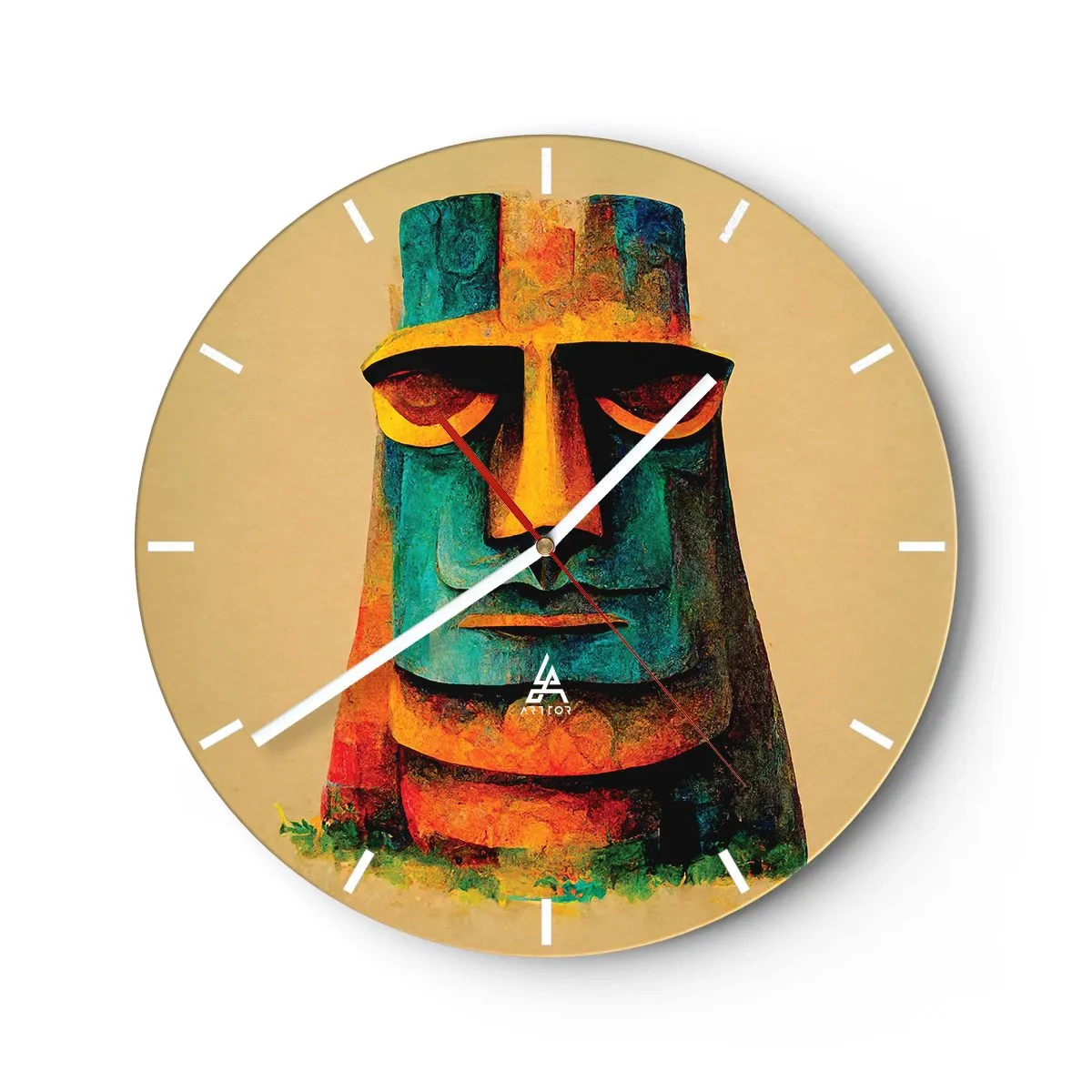 Ceas de perete - Ceas pe sticlă - Portret colorat al unei statui de piatră pe un fundal bej - 30x30cm - Statuie, dar simpatică - Decorațiune modernă pentru perete pentru living, bucătărie și dormitor ARTTOR
