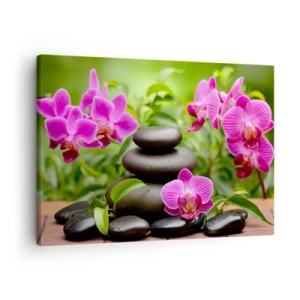 Tablou pe pânză Canvas - Orhidee roz cu pietre pe fundal verde - 70x50cm - Piramida de liniște - Decorațiune modernă pentru perete pentru living și dormitor ARTTOR