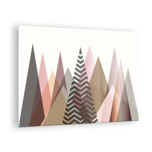 Tablou pe sticlă - Munți pastelați geometrici cu un model central - 70x50cm - Construcție piramidală - Decorațiune modernă pentru perete pentru living și dormitor ARTTOR