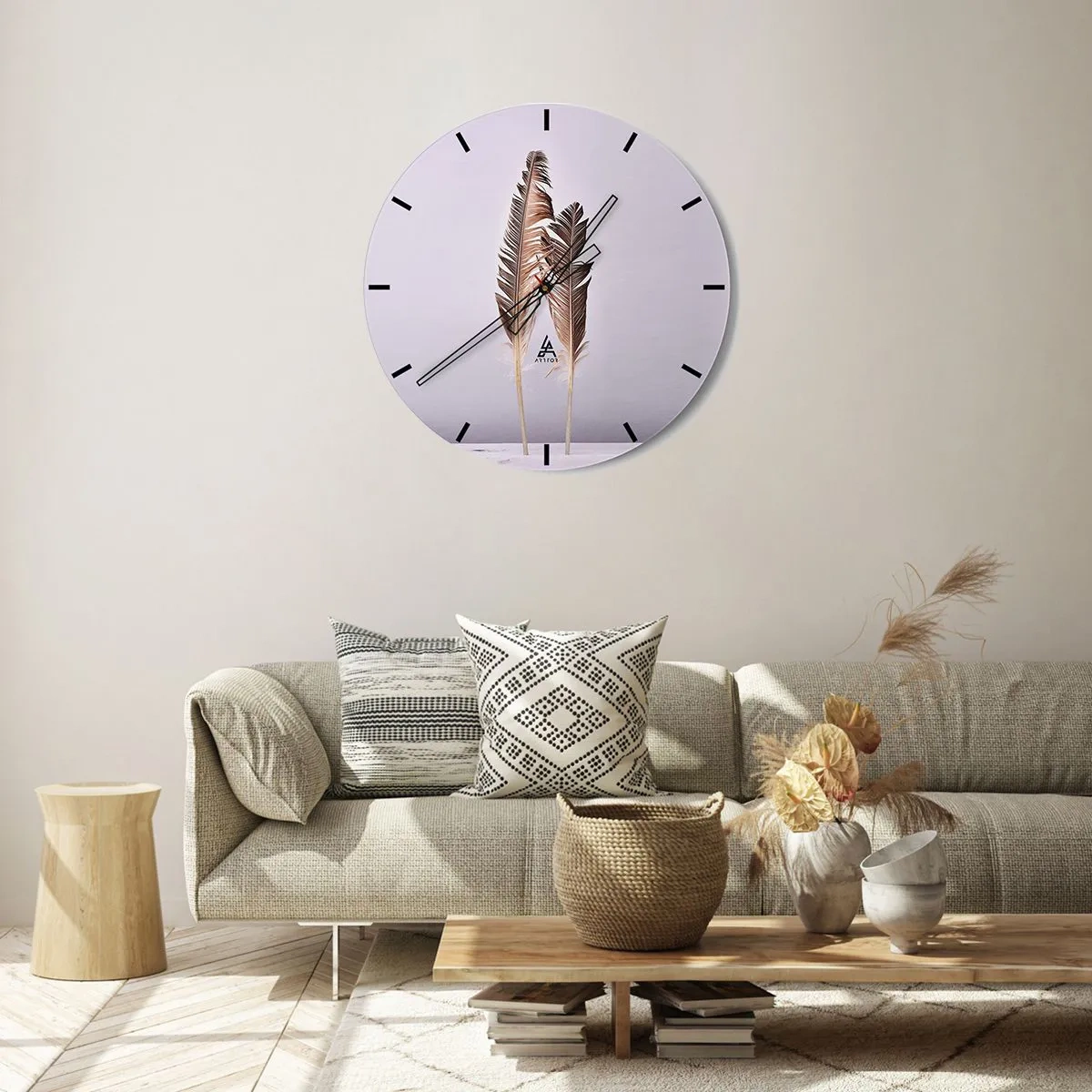 Ceas de perete - Ceas pe sticlă - Un motiv elegant de pene aurii pe un fundal deschis - 30x30cm - Împotriva neantului - Decorațiune modernă pentru perete pentru living, bucătărie și dormitor ARTTOR