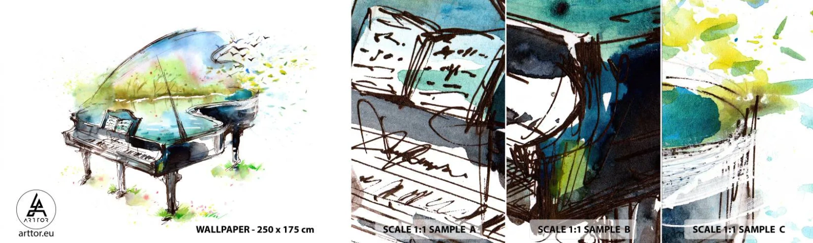 Mostră de Tapet Standard Eco - Încântat de muzică - Pian, Abstracția, Muzică - 100x30 cm