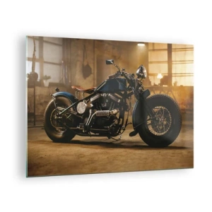 Tablou pe sticlă - Fotografie atmosferică a unei motociclete clasice într-un garaj - 70x50cm - Pot să fac totul - Decorațiune modernă pentru perete pentru living și dormitor ARTTOR