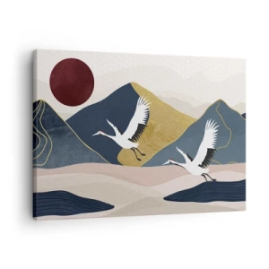 Tablou pe pânză Canvas - Macarale în zbor pe fundalul munților și al unui soare roșu - 70x50cm - Și ziua a zburat din nou - Decorațiune modernă pentru perete pentru living și dormitor ARTTOR