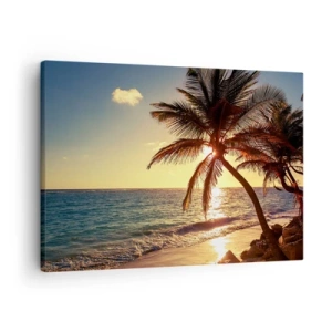 Tablou pe pânză Canvas - Apus de soare tropical peste o plajă cu palmieri - 70x50cm - Vara sub palmieri - Decorațiune modernă pentru perete pentru living și dormitor ARTTOR