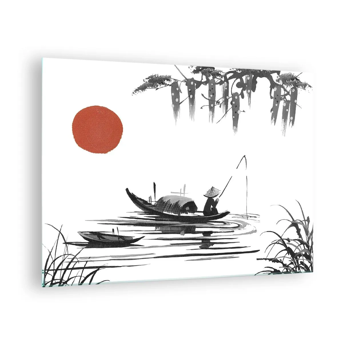 Tablou pe sticlă - Barcă de pescuit tradițională pe un râu cu un soare roșu - 70x50cm - O după-amiază asiatică - Decorațiune modernă pentru perete pentru living și dormitor ARTTOR