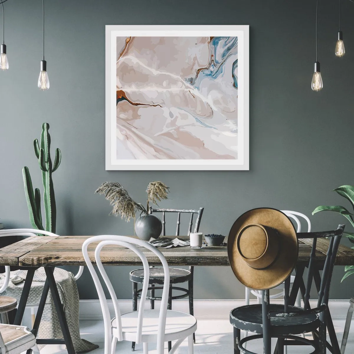 Poster în ramă albă - Meandre albastre sub alb - 30x30 cm