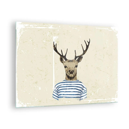 Tablou pe sticlă - Grafică a unui cerb într-o cămașă de marinar pe un fundal deschis la culoare - 70x50cm - Pentru că îmi plac cămășile cu dungi! - Decorațiune modernă pentru perete pentru living și dormitor ARTTOR