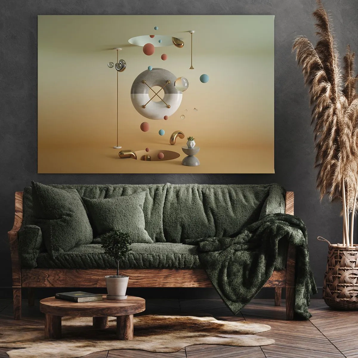 Tablou pe pânză Canvas - Figuri geometrice în culori pastelate într-un aranjament suprarealist - 70x50cm - Orice se poate întâmpla - Decorațiune modernă pentru perete pentru living și dormitor ARTTOR