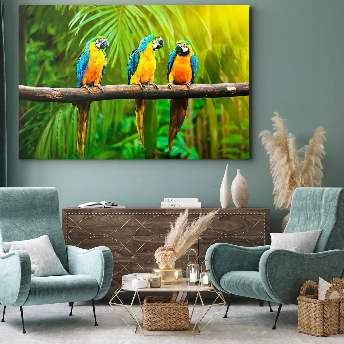 Tablou pe pânză Canvas - Trei papagali colorați pe un fundal de verdeață tropicală - 70x50cm - Și ai auzit că ea...? - Decorațiune modernă pentru perete pentru living și dormitor ARTTOR