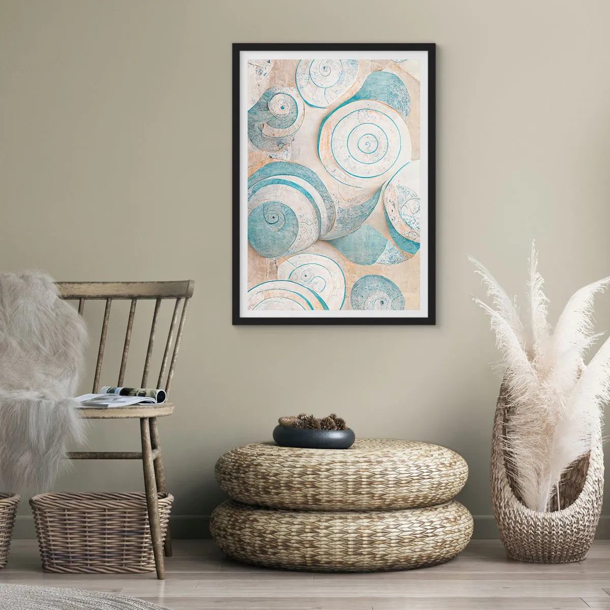 Poster în ramă neagră - Spirale abstracte în nuanțe de albastru și bej - 50x70cm - Ce ascunde cochilia? - Decorațiune modernă pentru perete pentru living și dormitor ARTTOR