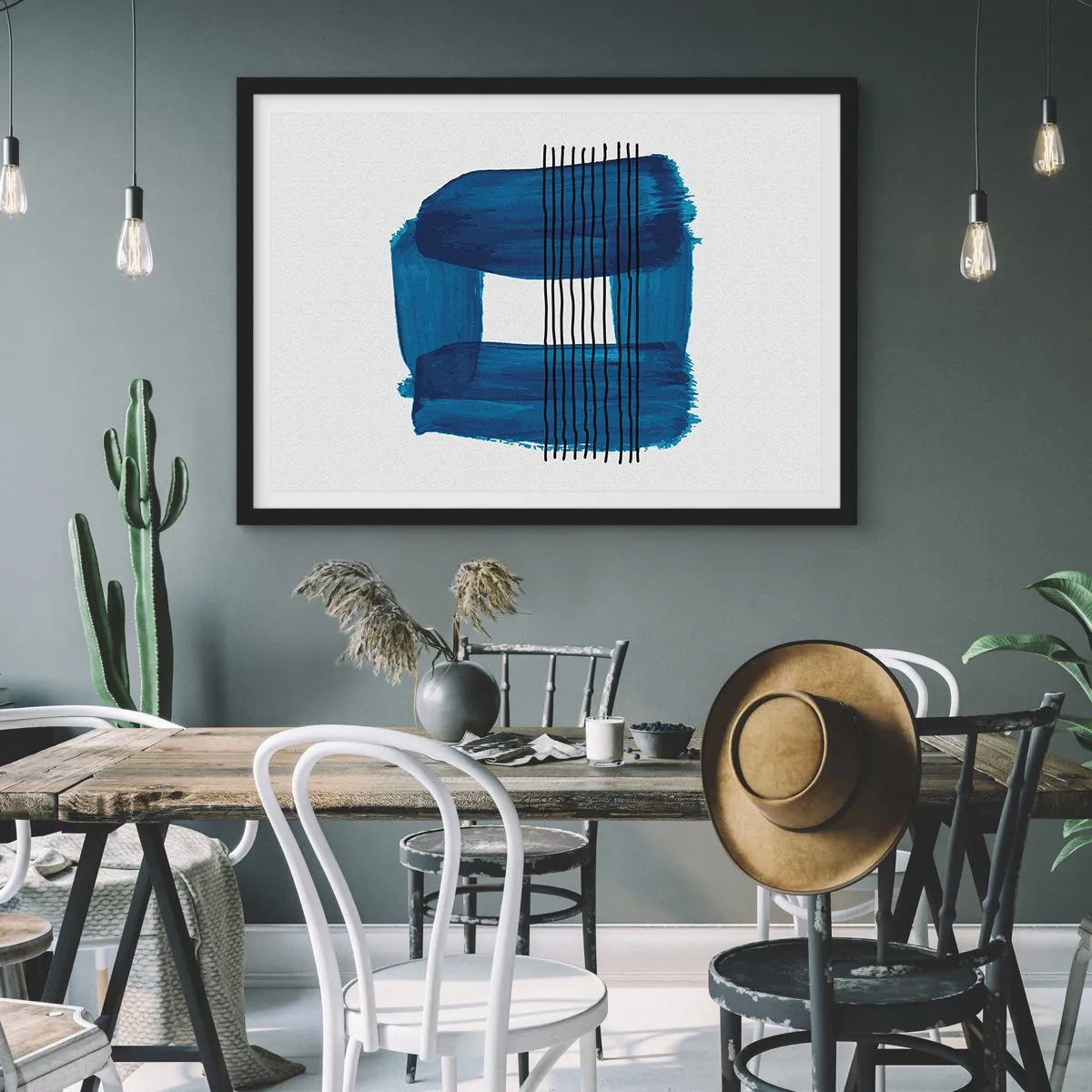 Poster în ramă neagră - Compoziție albastru-negru - 100x70 cm