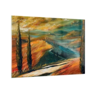 Tablou pe sticlă - Apus de soare peste un deal toscan - 70x50cm - Peisaj toscan - Decorațiune modernă pentru perete pentru living și dormitor ARTTOR