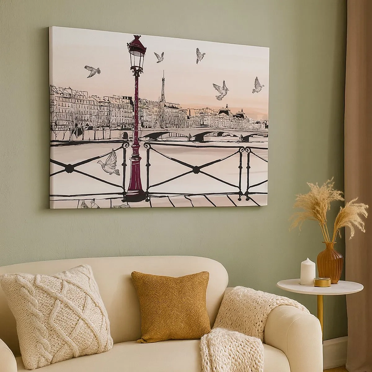 Tablou pe pânză Canvas - Vedere pariziană cu un felinar și un pod - 70x50cm - Deasupra acoperișurilor Parisului - Decorațiune modernă pentru perete pentru living și dormitor ARTTOR