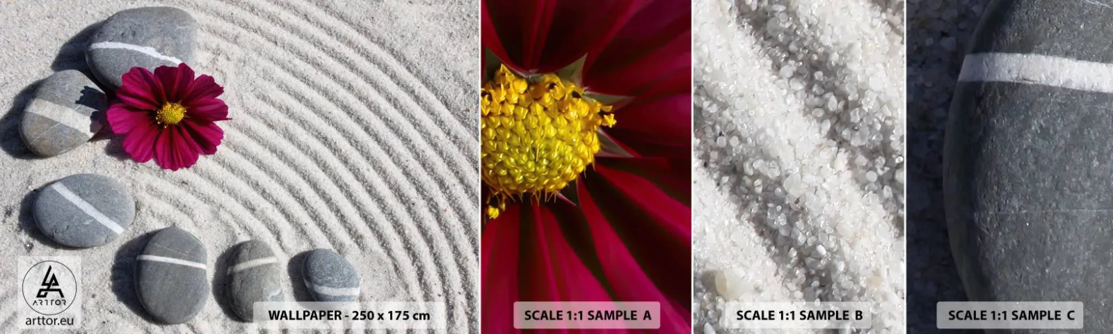 Mostră tapet autocolant Deluxe Sticker - Energia și liniștea cercului magic al naturii - Flori, Nisip, Pietre - 100x30 cm