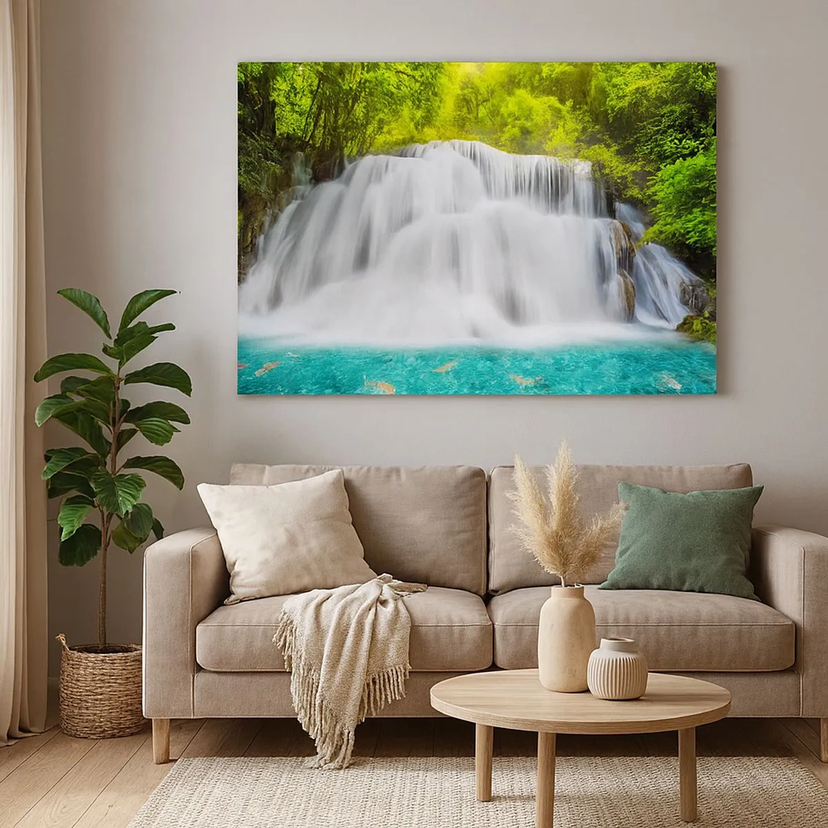 Tablou pe pânză Canvas - O cascadă într-o pădure tropicală cu apă turcoaz - 70x50cm - O cascadă spumoasă de la verde la azur - Decorațiune modernă pentru perete pentru living și dormitor ARTTOR
